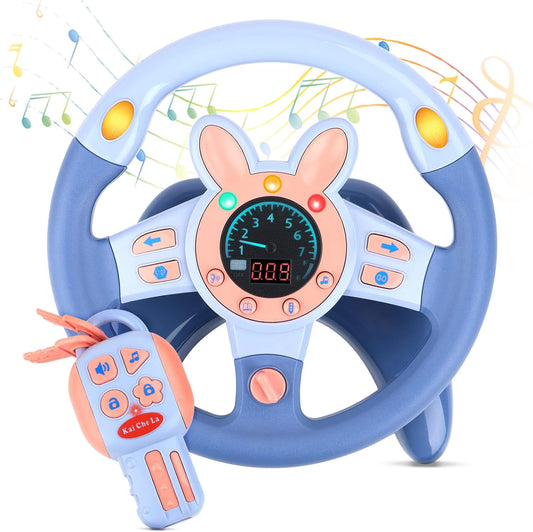 deAO Kids Steering Wheel for Backseat with Key Baby Toys Pretend Driving Simulated Steering Wheel Toy with Light and Music Gifts for Kids Toddlers Blue