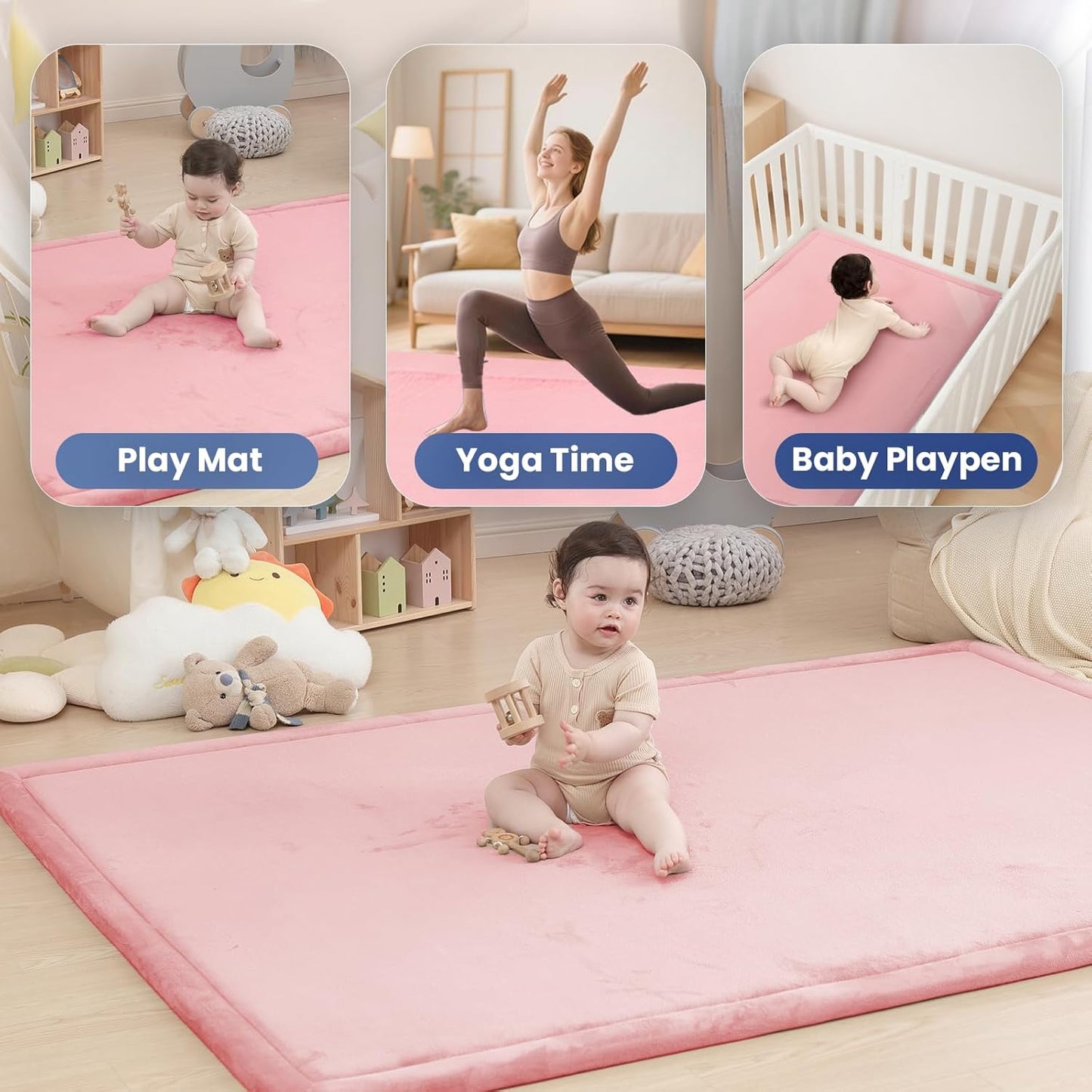 Baby Play Mat for Floor,1.3" Thick Memory Foam Tummy Time Mat for Toddlers,Infants,Kids,Soft Coral Velvet,Extra Large Non Slip for Crawling,Yoga,Tatami Style for Living Room(Pink)