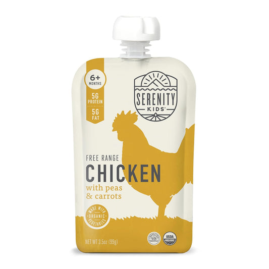 Serenity Kids 6+ Months Baby Food Chicken Pouch Puree - Ethically Sourced Free-Range Chicken & Organic Peas & Carrots - No Added Sugar & Protein-Rich & BPA-Free Toddler Food - 3.5 Oz, 12 Pack