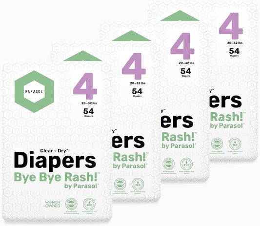Parasol Clear+Dry Disposable Diapers, RashShield Protection and Leak-Control Fit, Hypoallergenic Diapers, Size 4 (20-32 lbs), 216 Count