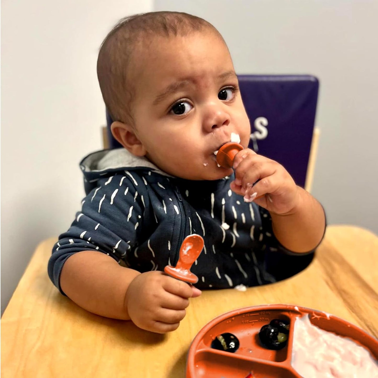 TalkTools ITSY Tiny Silicone Spoons – Twin Pack Soft Silicone Self-Feeding Training Spoons for Kids & Toddlers, Anti-Choking Flange Guard and Non-Slip Handle (Tangerine)