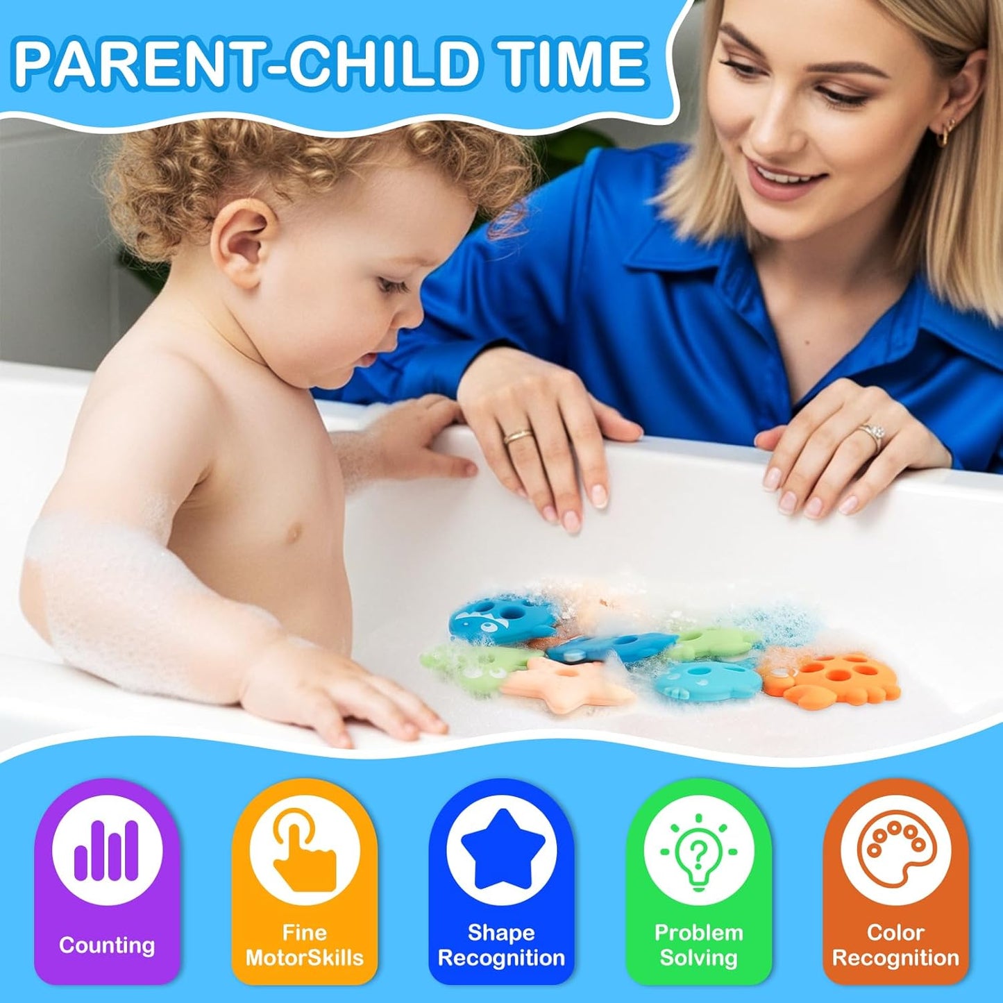 Baby Bath Toys, Mold Free Silcone Shape Sorting & Stacking Bath Toy Set with 10 Cute Floating Pieces, Color & Shape Sorter Toys for Toddler Early Learning Bathtub Fun