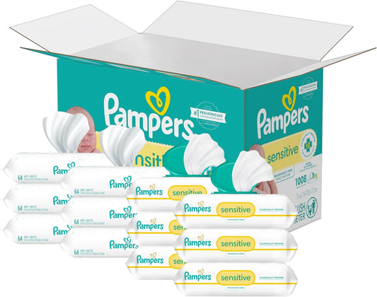 Pampers Sensitive Baby Wipes, Water Based, Hypoallergenic and Unscented, 8 Flip-Top Packs, 4 Refill Packs (1008 Wipes Total)