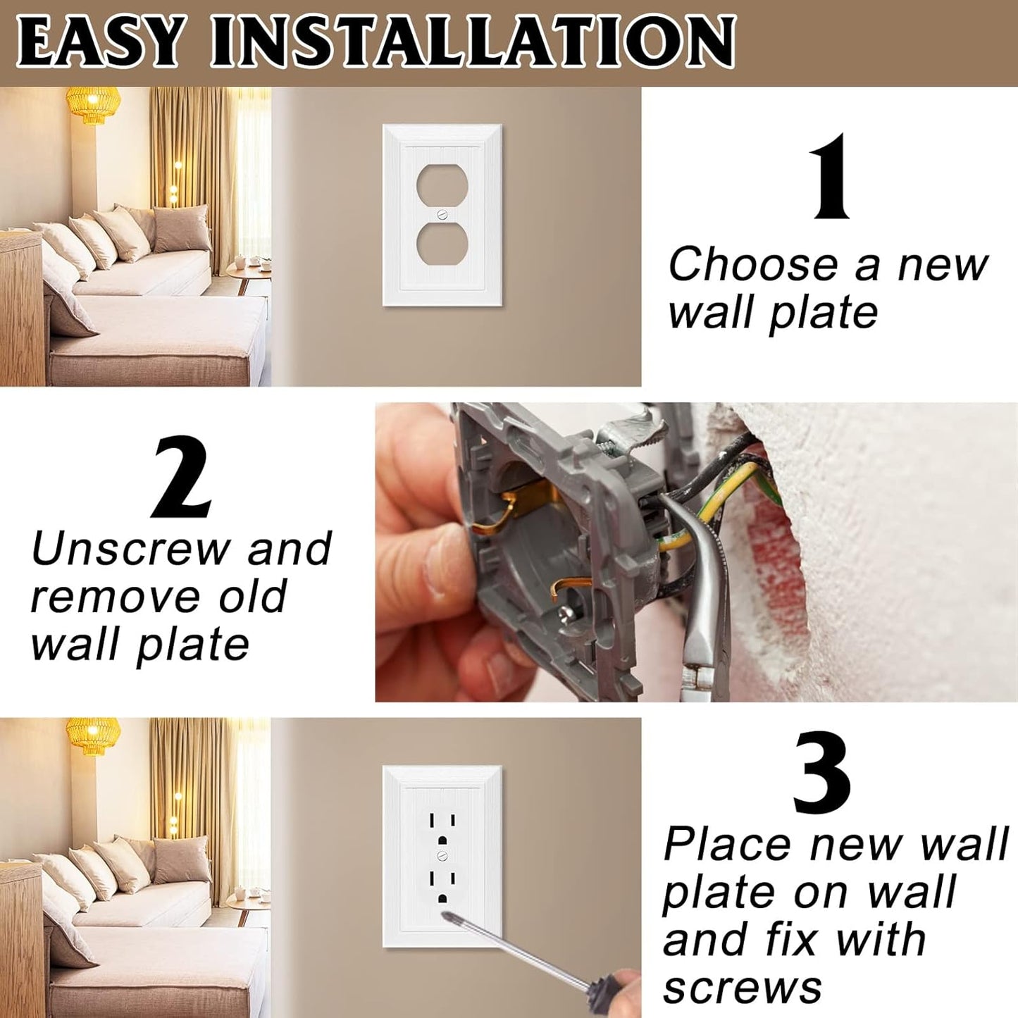 Modern Decorative Wall Plate Switch Plate Outlet Cover, Vintage Retro Wood Grain Design(Single Duplex-10 Pack, White)