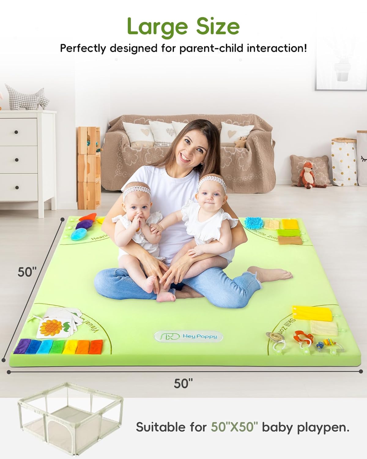 Baby Play Mat, 50''x50'' Playpen Mats with 4 Sensory Development Zones for Motor Skills, Unique Crawling Mats with Non-Slip Cushioned That Fits Nicely into Any Playroom, Green