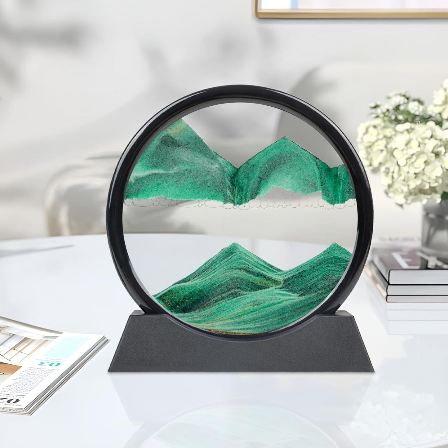 Drakswet Moving Sand Art Liquid Motion，Moving Sand Art Picture-3D Deep Sea Sandscape，Round Glass Frame Display Flowing Sand Relaxing Desktop Home Office Work Decor (Green)