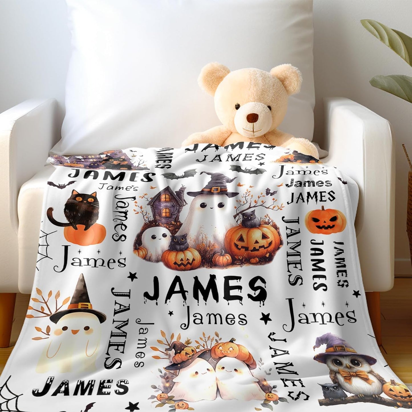 Ship Next Day, Custom Halloween Blanket - Printed in USA, Personalized Baby Blankets with Name, Gift for Kids Boys Girls, Unique Present for Birthday, Christmas, Halloween Bats Toddler Blanket