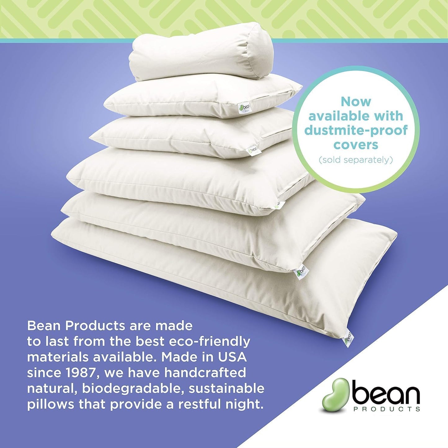 Bean Products Travel Bed Pillow for Sleeping – Organic Millet Fill with Organic Cotton Fabric, Soft Toddler Head Pillow – Eco-Friendly, Breathable, and Durable Sleep Aid, Made in The USA, 13" x 18"