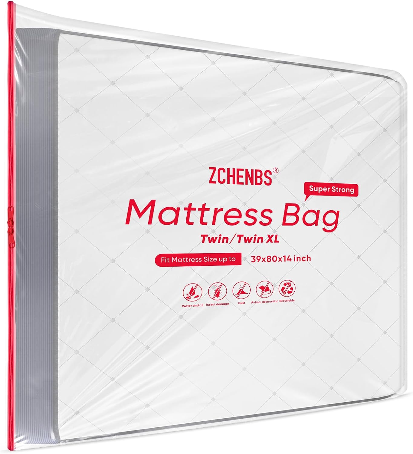 ZCHENBS® – Mattress Bags for Moving and Storage,Mattress Bag with Zippers,5 Mil Ultra-Thick Bed Bag,Waterproof,Anti-Tear,Heavy-Duty Mattress bag (Transaparent/Red, Twin/Twin XL-(2 Pack))