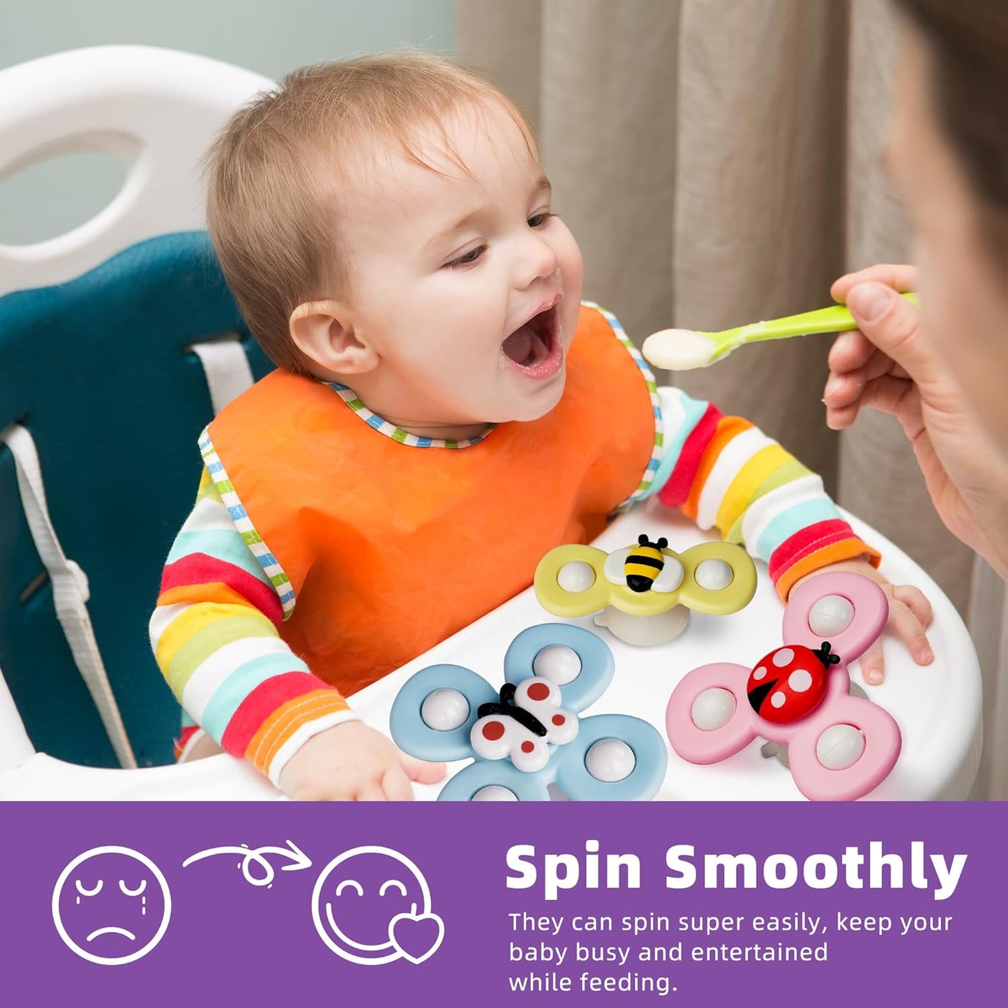 LiKee Strong Suction Cup Fidget Rotating Sensory Bath Toys for Baby 12 18 Months Airplane Car Travel Table & Window Toys for 1 2 Years Old Toddler Boys and Girls (Insect-2)