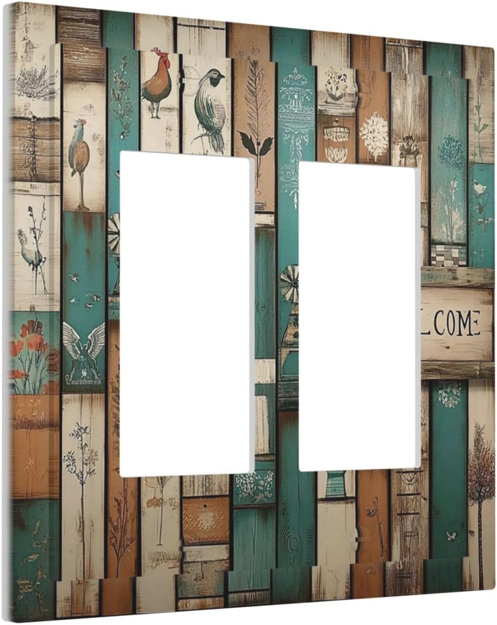 Decorative Outlet Covers Vintage Wood Brown Turquoise Splicing 2 Gang Double Gfci Rocker Electrical Wall Panels Light Switch Cover Plate For Farmhouse Cabin Decor