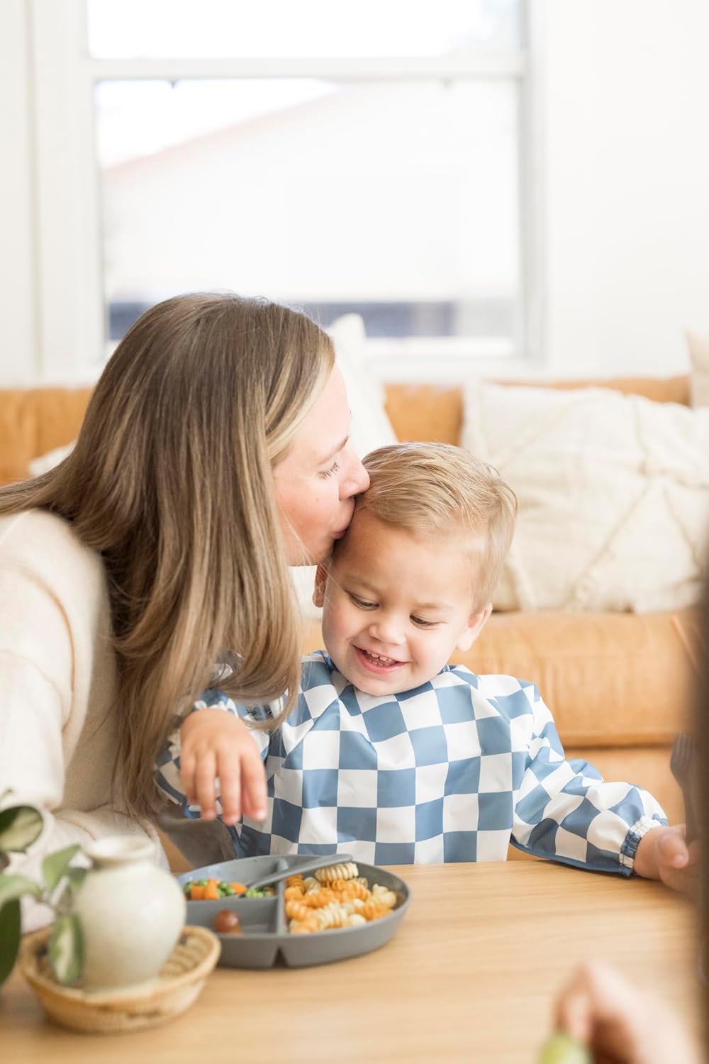 Tiny Twinkle Mess Proof Baby Bib,Waterproof Smock Baby Bib for Eating,Machine Washable Long Sleeve Bib,Baby Led Weaning,Toddler Bib (Checkers Blue, Large 2-4 Years)