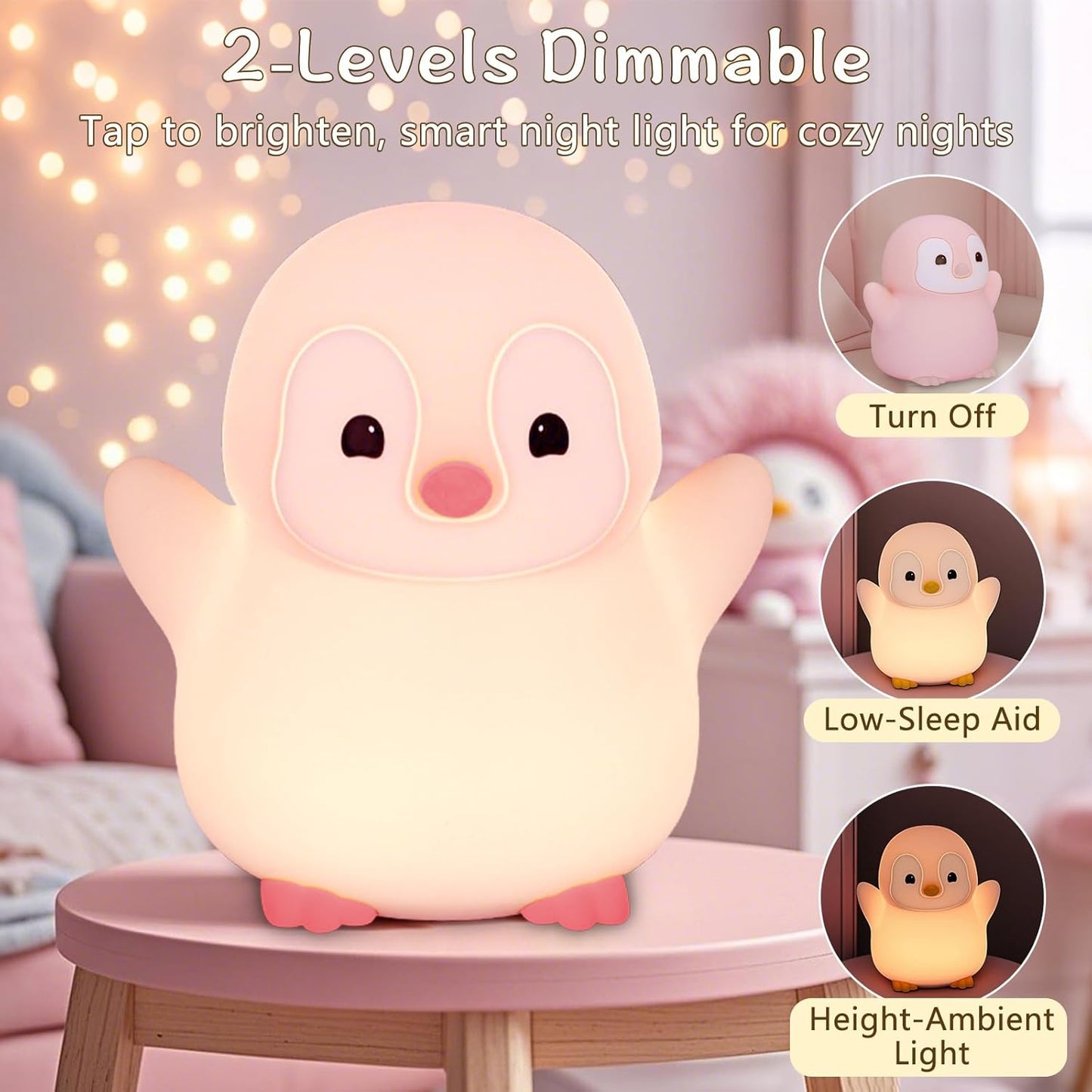 Pink Penguin Night Light,Food Grade Soft Silicone Nursery Nightlight for Baby,LED Squishy Novelty Animal Bedside Lamp,Rechargeable/Dimmable/Timer,Funny Gifts for Kids Girls Adults Teens