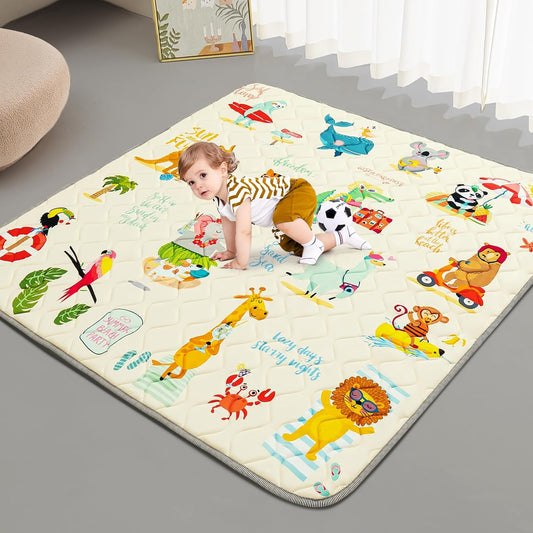 Baby Play Mat - Thicken 50x50 Inch Soft Foam Crawling Mat for Playpen & Floor, Non-Slip Waterproof Playmats for Infants & Toddlers, Portable Foldable & Machine Washable, Beach Animals