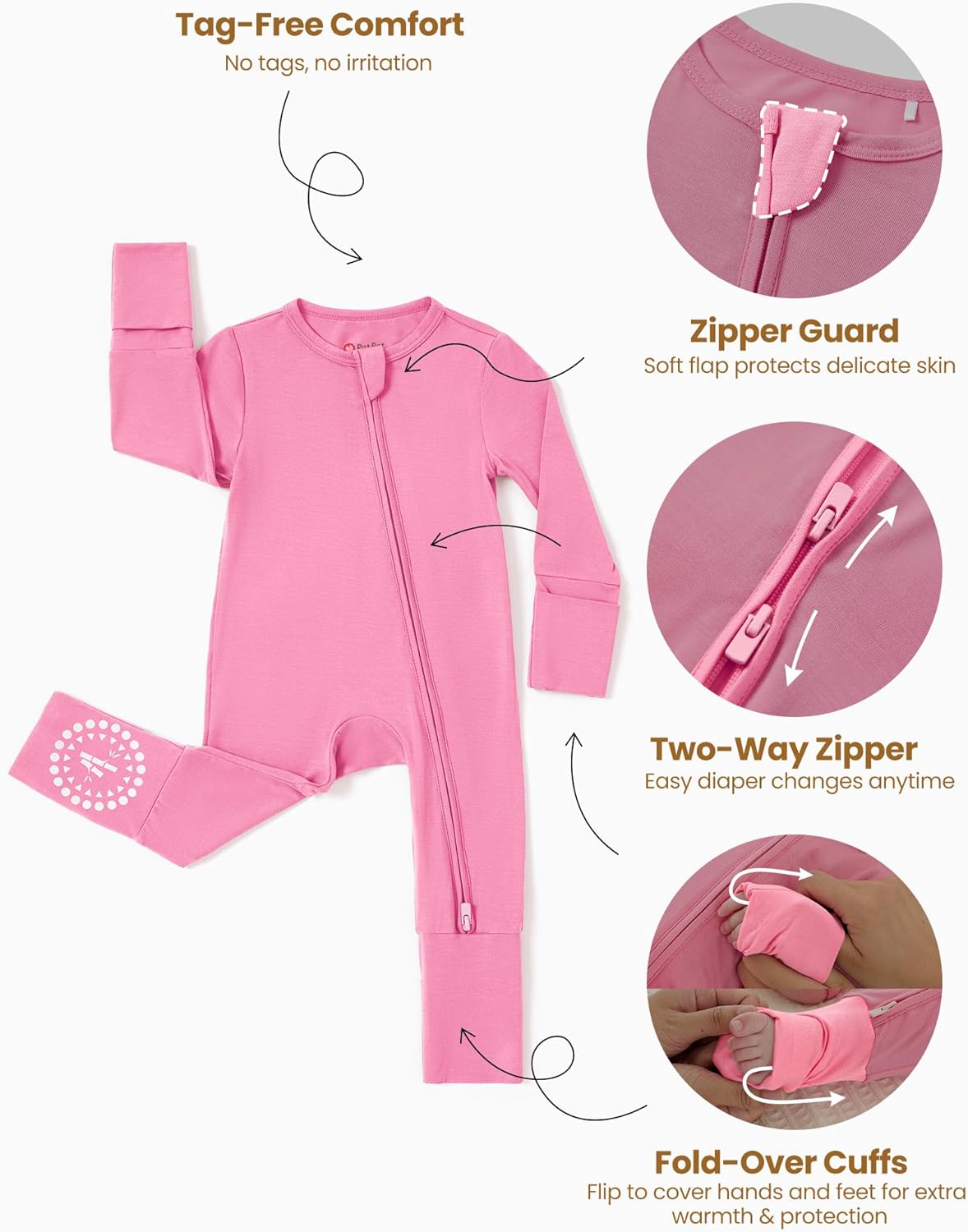 PATPAT Baby Footies Boys Girls - Bamboo Viscose - Zipper & Non-Slip Soles Romper Mitten - Footed & Footless Infant Clothes