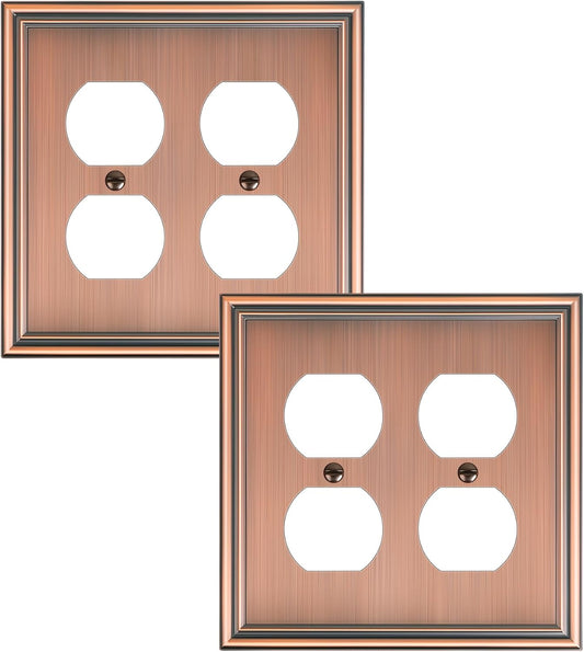 2-Pack Double Duplex Outlet Cover, Antique Copper Switch Plates and Outlet Covers for Electrical Outlets, Durable Zinc Alloy Wall Plates, 2 Gang Receptacle Cover, Corrosion Resistant