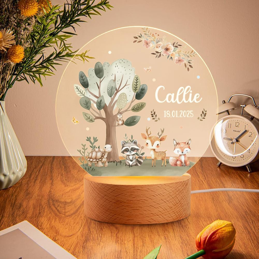 callie Acrylic Night Light Name Plate Personalized, Custom Cute Fox Deer Turtle Forest Animal with Wooden Base Bedroom Decor, Birthday Gifts Kid Gifts for Family (Forest Fauna)