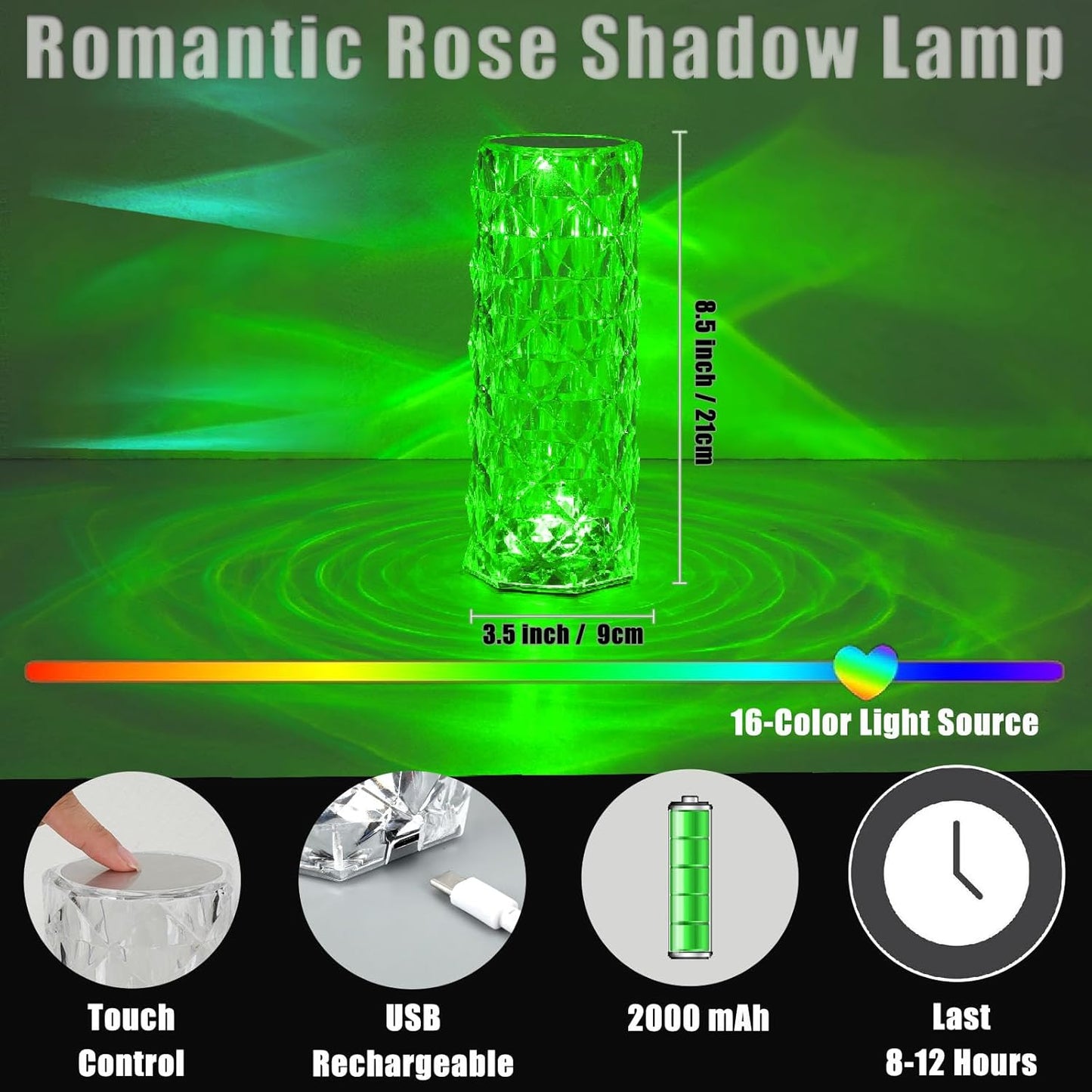 VoMii Crystal Lamp Touch, RGB 16 Colors Changing Night Light, Rechargeable Crystal Table Lamp Bedside Lamp, Rose Wave Diamond Night Light, Ambient Lighting for Bedroom/Game Room/Dinner/Living Room