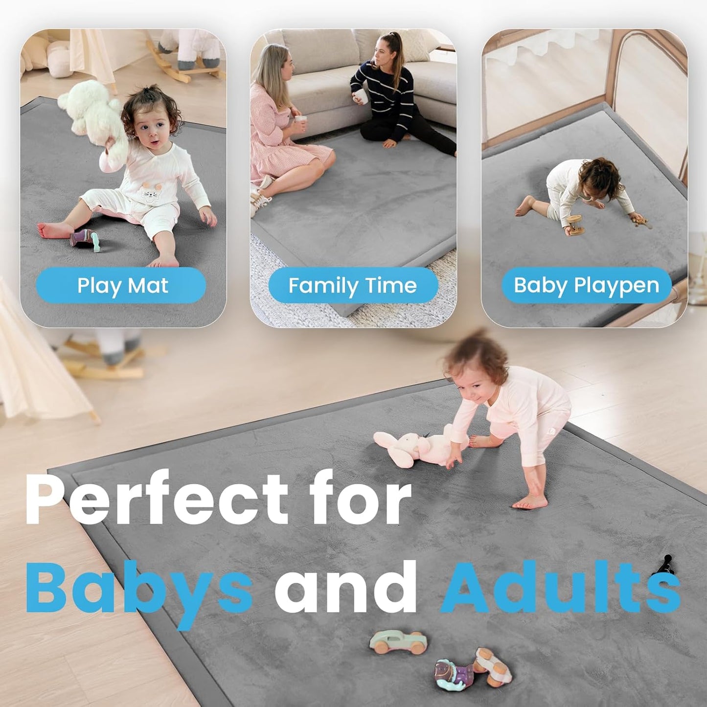 Ultra Soft Baby Play Mat,79"×79" Extra Large Activity Tummy Time Mat for Toddlers,Infants,Kids,1.3" Thick Elasti-Foam Nursery Rug for Floor,Non-Slip Safe for Crawling,Water-Repellent(Dark Grey)