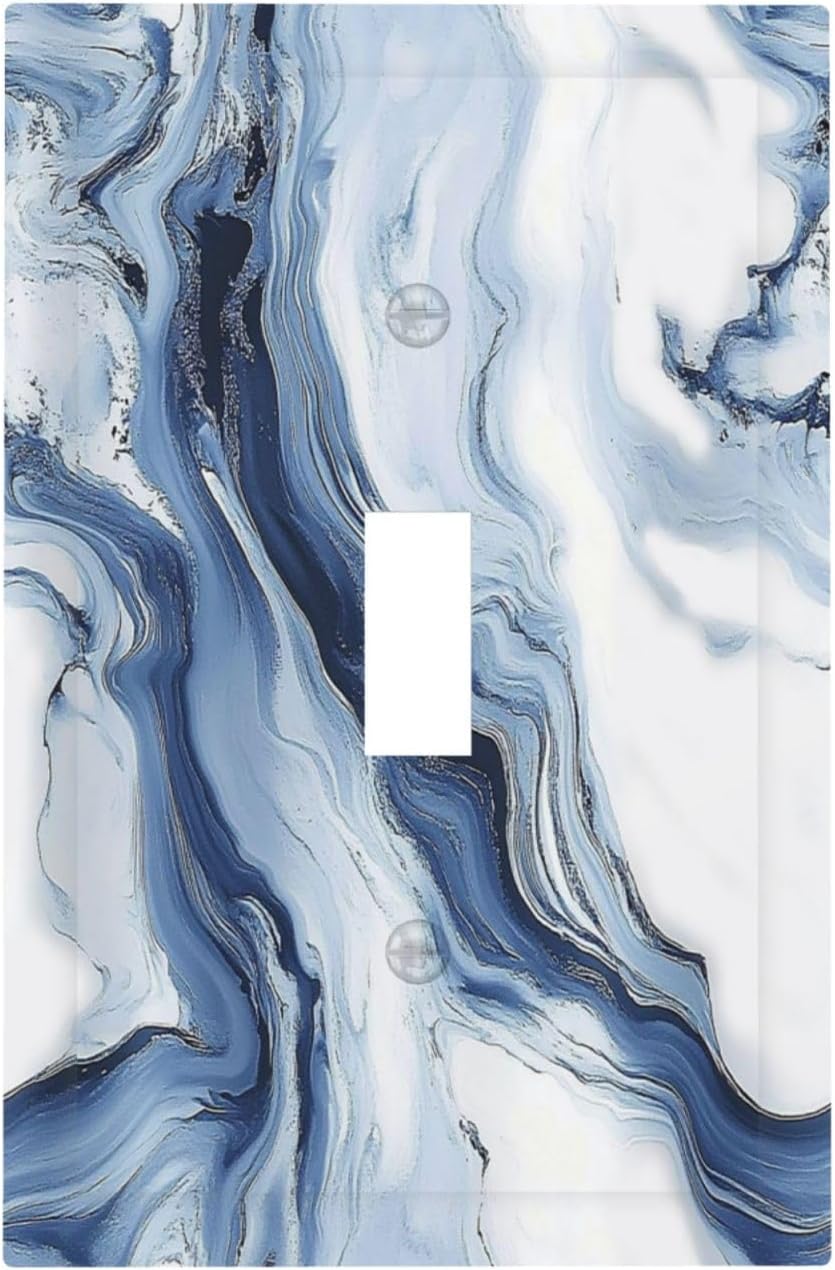 Decorative Light Switch Cover White Marble Navy Blue Line Fluid 1 Gang Single Toggle Device Electrical Faceplate Switchplates Decorator Outlet Wall Plate For Bathroom Kitchen Decor