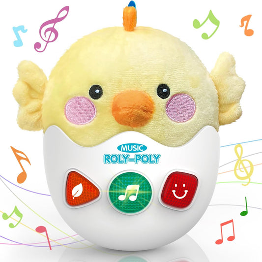 Baby Toys 0-6-12 Months, Chick Musical Plush Cute Stuffed Animal Infant Tummy Toys with Light & Sounds, Roly-Poly Sensory Toy Birthday Easter Egg Gift for Newborn Boys & Girls