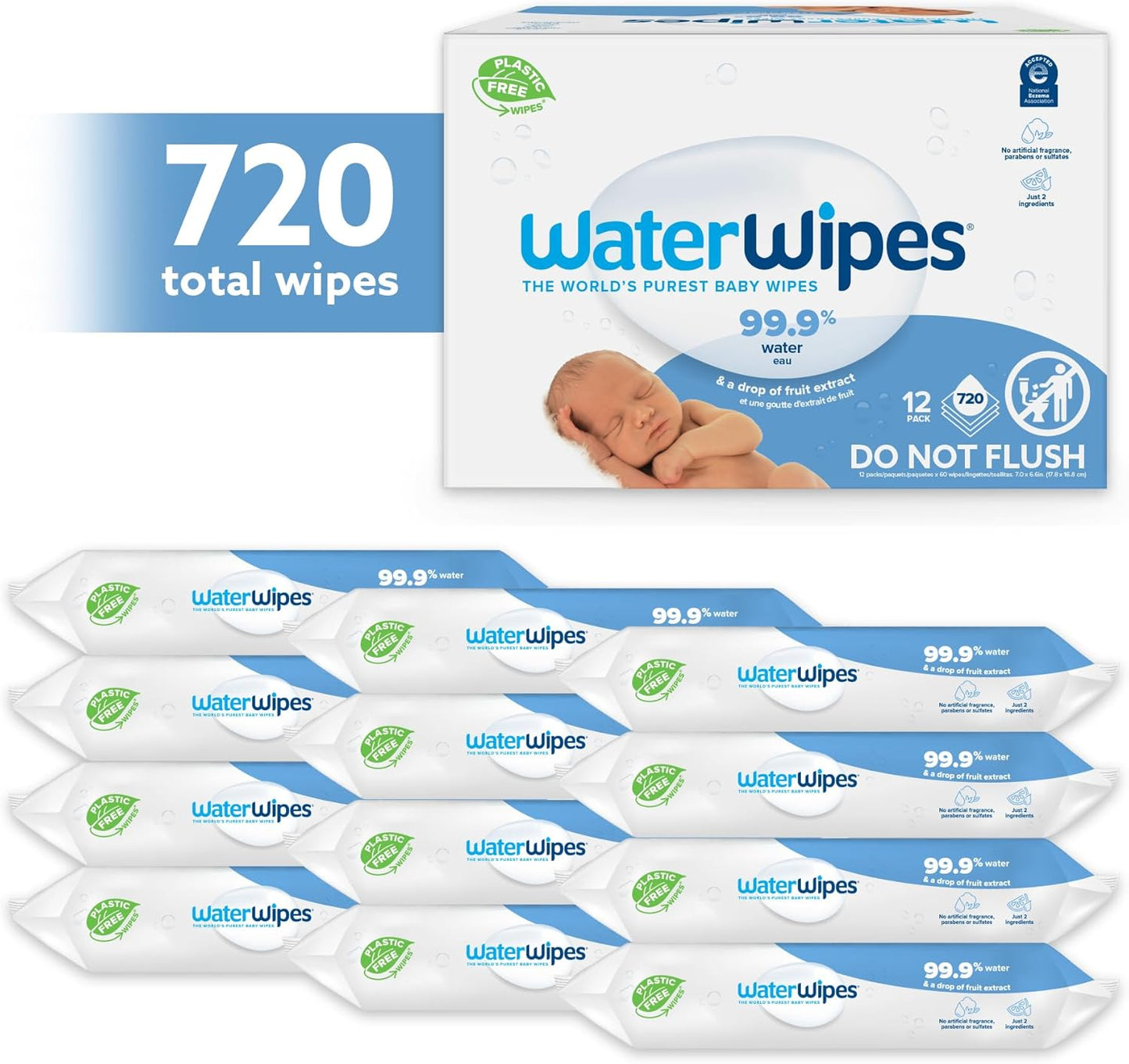 WaterWipes Sensitive+ Newborn & Baby Wipes, 3-In-1 Cleans, Cares, Protects, 99.9% Water, Unscented & Hypoallergenic, 720 Count (12 Packs)