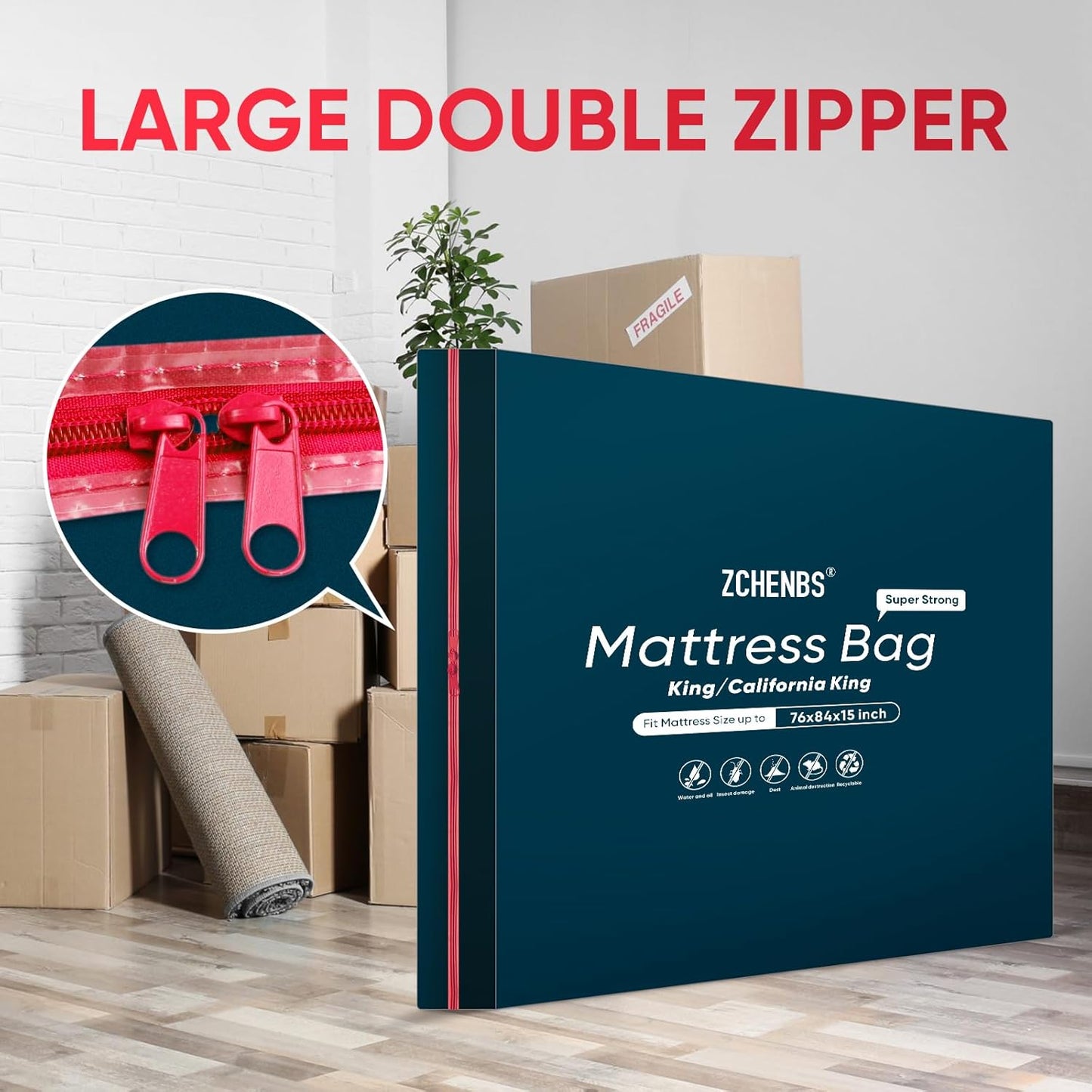 ZCHENBS® – Mattress Bags for Moving and Storage,Mattress Bag with Zippers,5 Mil Ultra-Thick Bed Bag,Waterproof,Anti-Tear,Heavy-Duty Mattress bag (Black, King/California King-(1 Pack))
