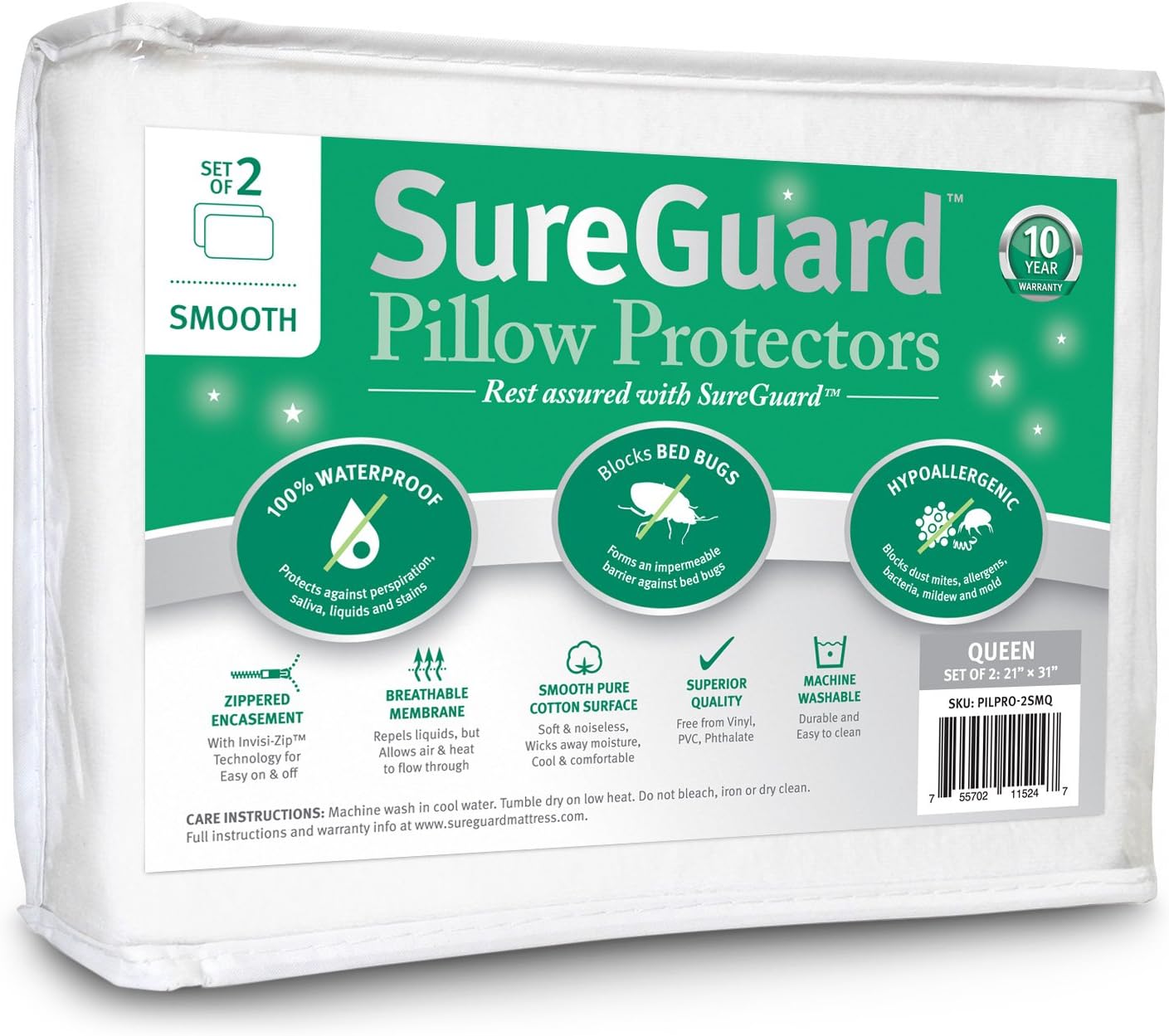 Set of 2 Queen Size SureGuard Pillow Protectors - 100% Waterproof, Bed Bug Proof, Hypoallergenic - Premium Zippered Cotton Covers - Smooth