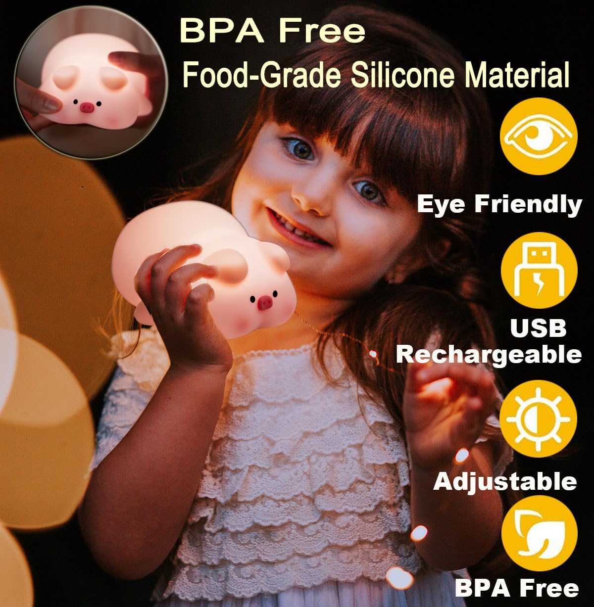 Cute Pig Lamp, Fun Lying Flat Pig Night Light, LED Squishy Animal Novelty Lamp, Light up Duck for Kids Great Gift, 3 Level Dimmable Nursery Nightlight Rechargeable Bedside Touch Lamp (Pig Lamp)