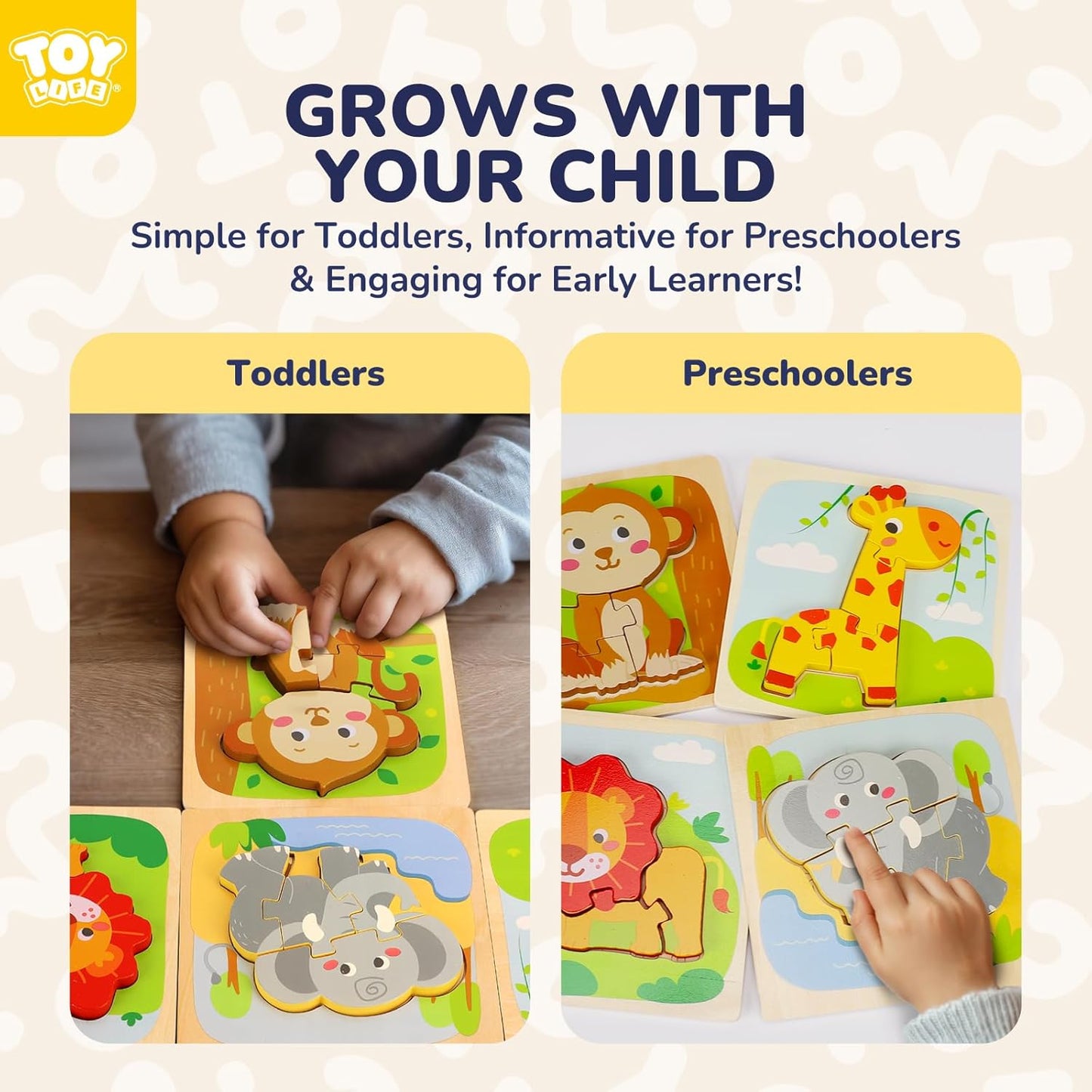 TOY Life Wooden Puzzles for Toddlers 2-4, Toddler Montessori Toys for 1 2 3 Year Old Boys Girls, Animals Wood Jigsaw Puzzles, Educational Learning Toy Kids Puzzle, Best Gifts for Baby Age 1-3 2-4