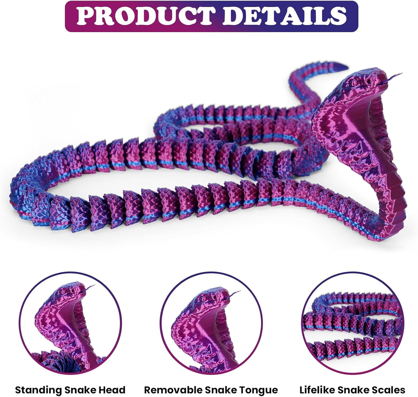 3D Printed Snake 3D Printed Animals 26in Printed Cobra Fidget Toys for Adults 3D Printed Articulated Cobra Flexiable Crystal Snake Toys for Home Office Decor
