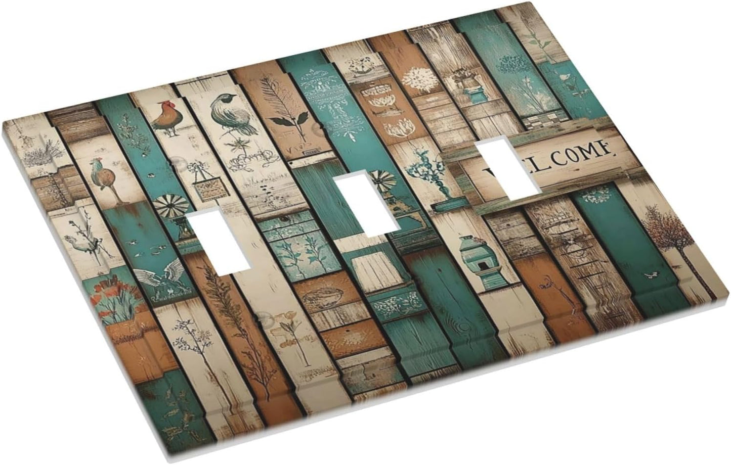 Decorative Switch Plates Vintage Wood Brown Turquoise Splicing 3 Gang Wall Plate Triple Toggle Light Switch Cover Faceplate Electrical Wall Panels For Farmhouse Cabin Decor