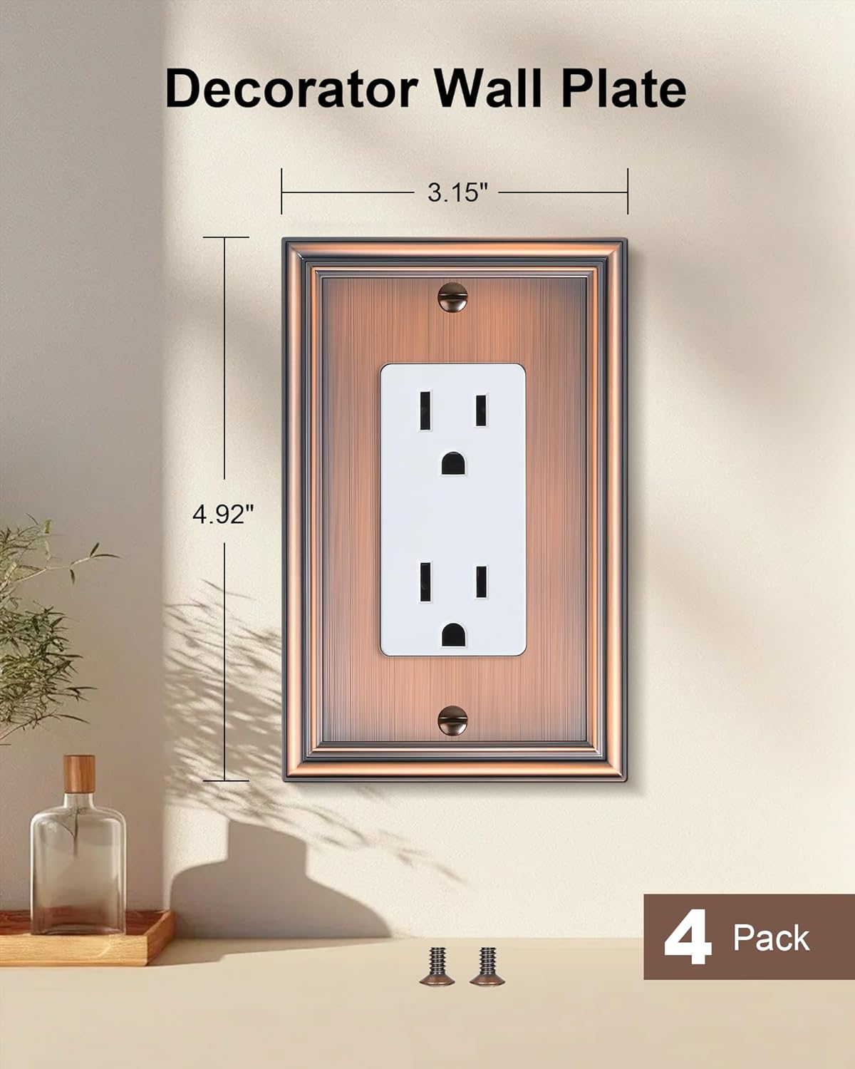 4-Pack Decorator Outlet Cover Plate, Antique Copper Decorative Switch Plates and Outlet Covers, Durable Zinc Alloy Wall Plates for Electrical Outlets, Receptacle, GFCI Outlet, Dimmer Switch