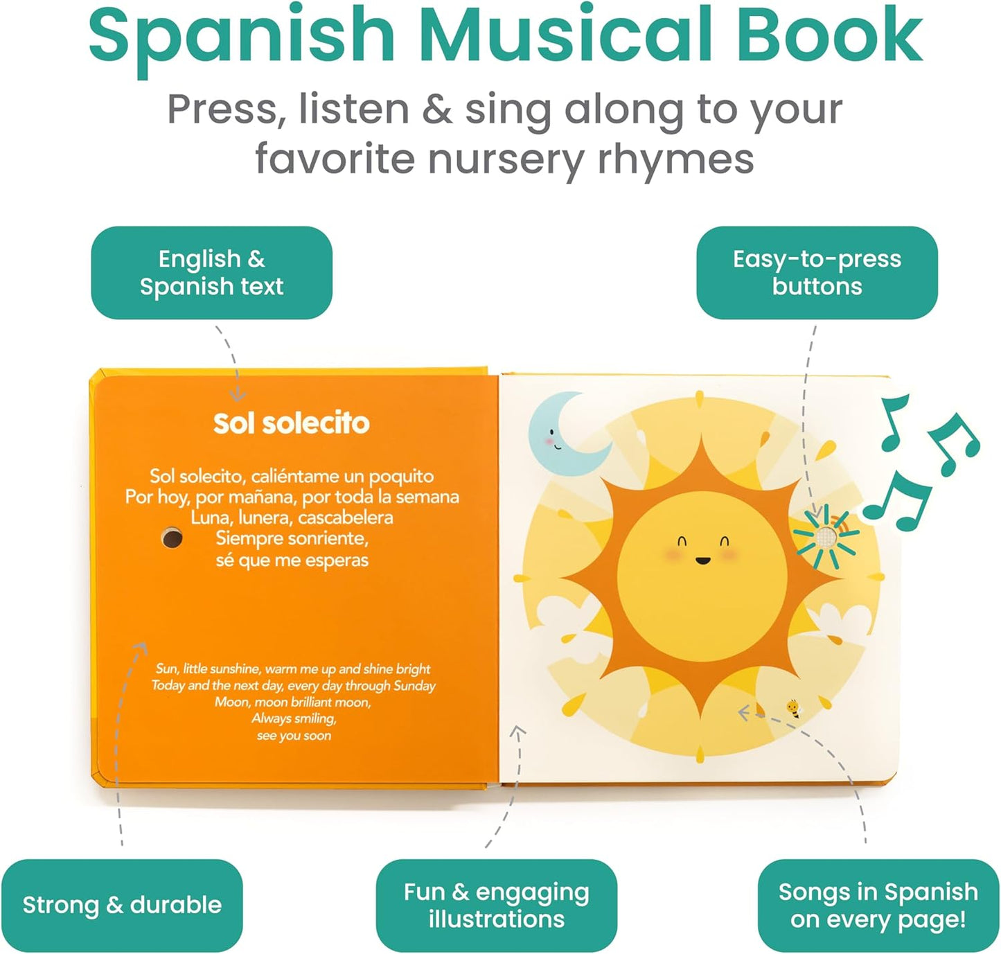 Binibi Spanish Musical Book for Toddlers Sol Solecito & Other Nursery Rhymes | Spanish Learning for Kids | Bilingual Children's Sound Book | Libro en español para bebés