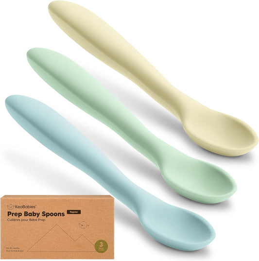 KeaBabies Silicone Baby Spoons, Self Feeding 6-12 months - 3-Pack Baby Weaning Eating Utensils,Toddler First Food Training Spoon,Infant,Kids Feeding Supplies Essential Set,Dishwasher-safe (Pastel Sky)