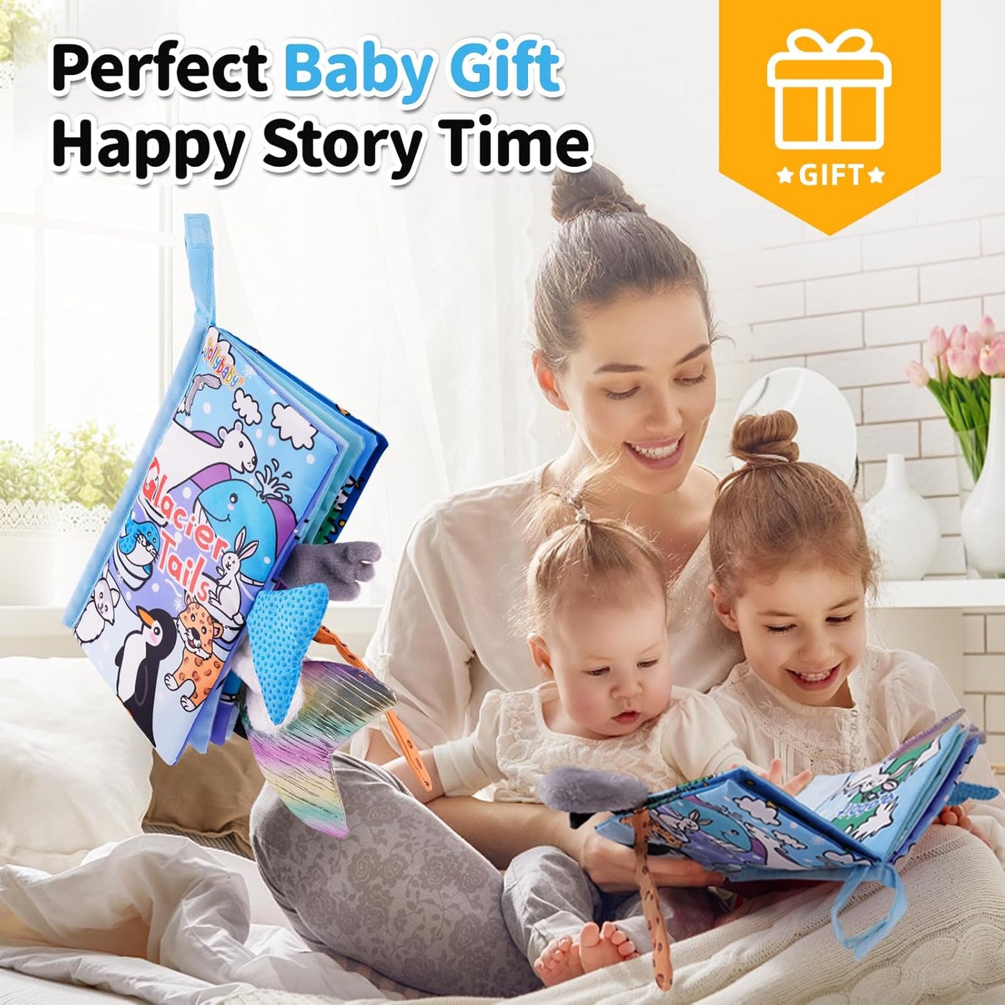 Jollybaby Baby Cloth Books, Touch & Feel Crinkle Soft Books, for Infants Babies, Toddler Early Educational Interactive Stroller Toys, Baby Girl & Boy Gift(Glacier Tails)