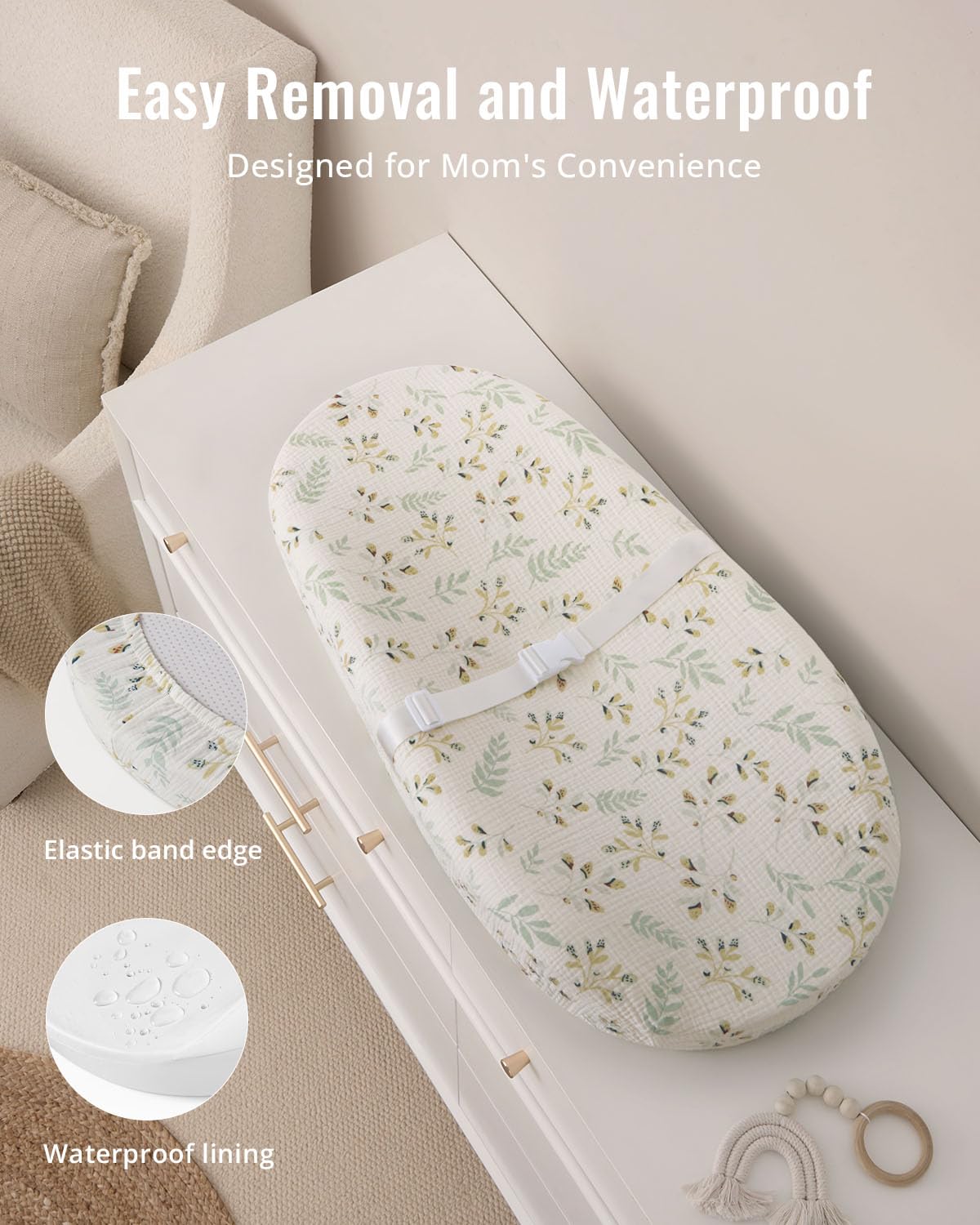 Blissful Diary Muslin Baby Changing Pad with Waterproof Lining Foam, Baby Changing Table Pad with Cover for Dressers (Botanical Leaf, Avocado)