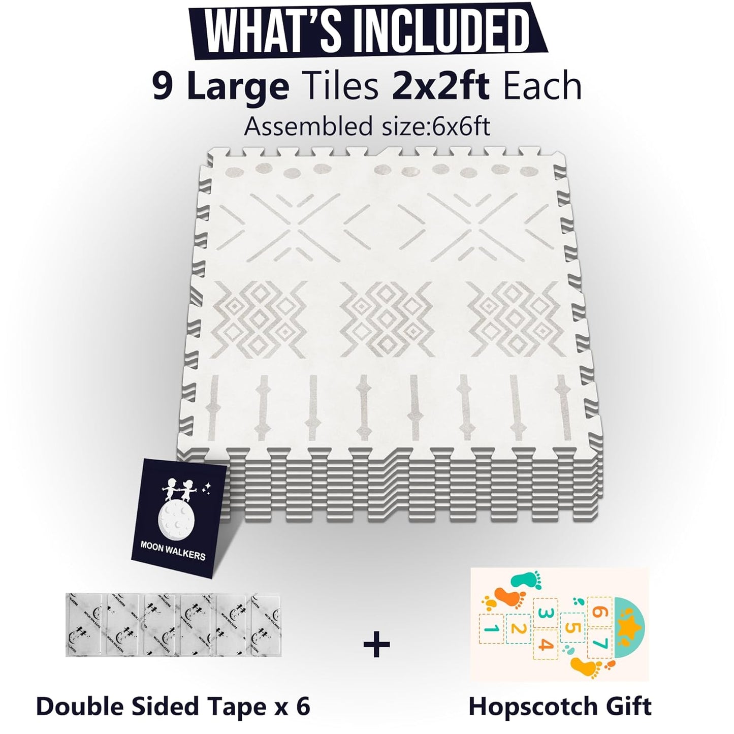 MOON WALKERS Stylish Boho Baby Play Mats for Floor,(6x6ft) Play Mat for Babies and Toddlers, Non-Toxic, Soft, Thick, Tummy Time Mat for Crawling (Extra Large 9 Tiles, Ivory Aztec)