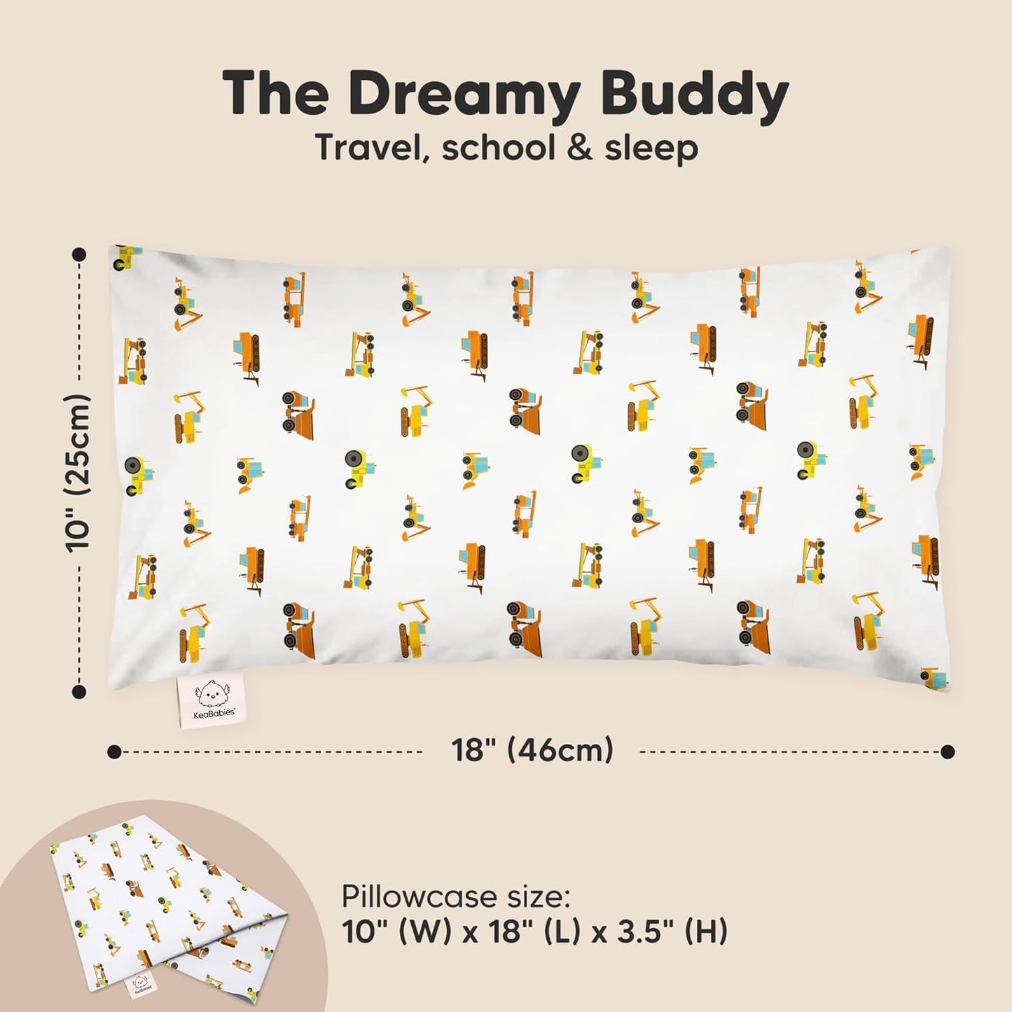 Toddler Pillow with Pillowcase - 10x18 My Little Dreamy Kids Travel Bed Pillows for Sleeping, Organic Cotton Small Pillowcase, Soft & Breathable, Machine Washable,Toddlers 2-5 Years Old(Construction)