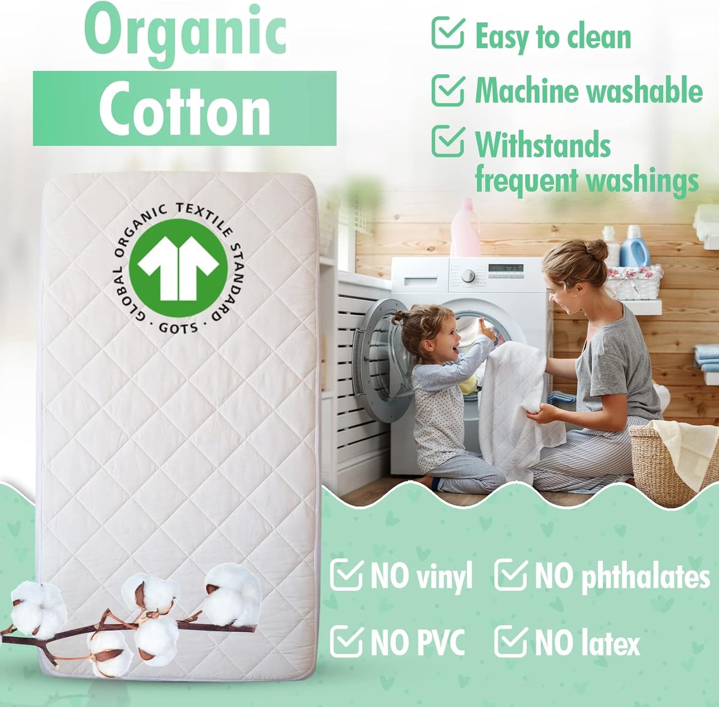 Generic GOTS Certified Organic Cotton Waterproof Crib Mattress Protector, 52”L x 28”W x 9”H, Cream