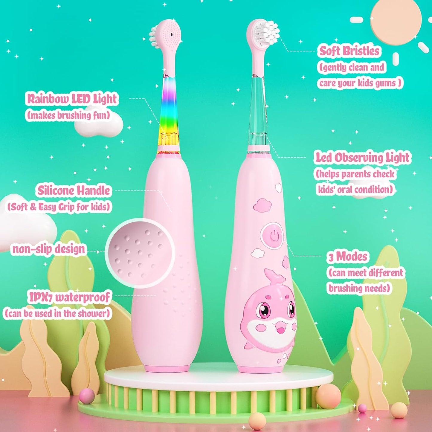 SEAGO Kids Electric Toothbrushes Rechargeable, Toddler Electric Toothbrush with Magnetic Charging, LED Observing Light, 8 Toothbrush Heads for Ages 2-4-6 Boys Girls (Pink)