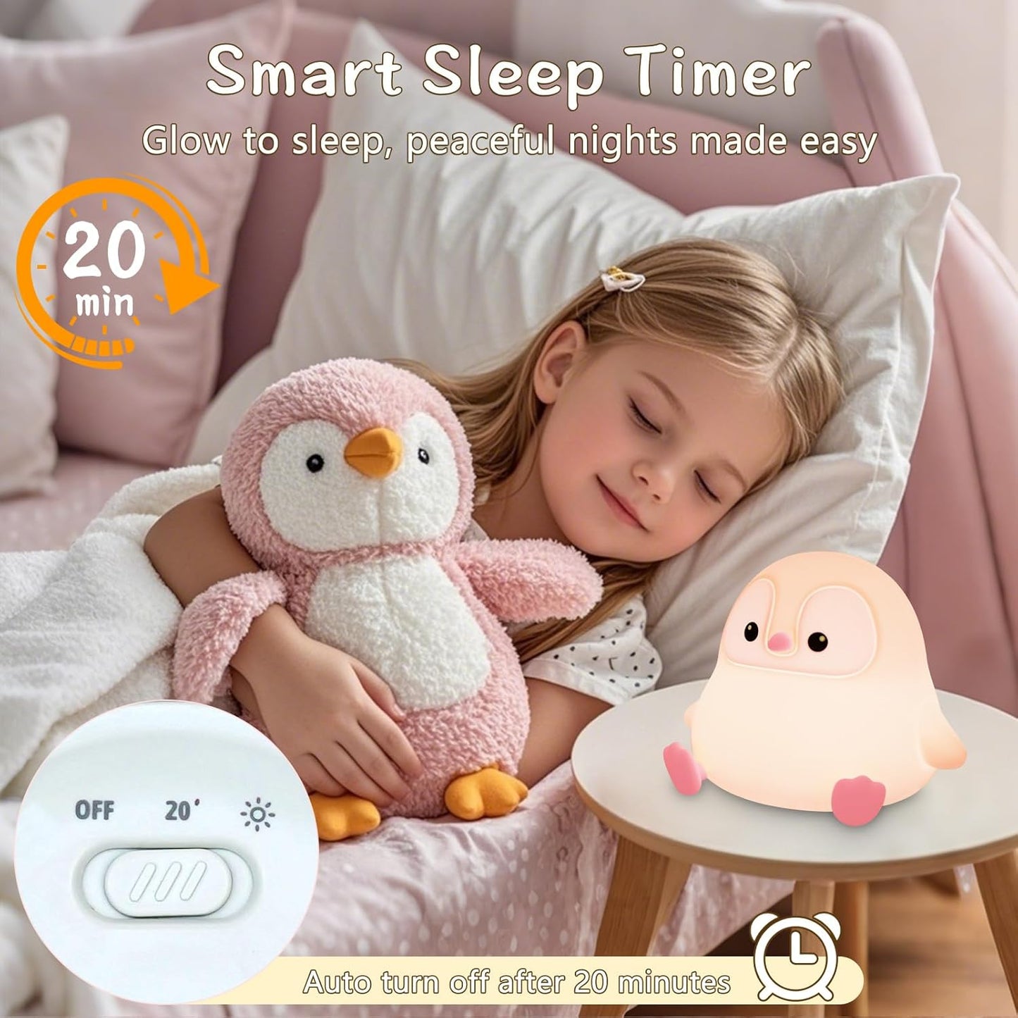 Penguin Night Light for Kids,Cute Pink Penguin Touch Lamp,Soft Silicone Nursery Nightlight,LED Squishy Novelty Animal Bedside Lamp,Rechargeable/Dimmable/Timer Desk Lamp,Kids Room Decor