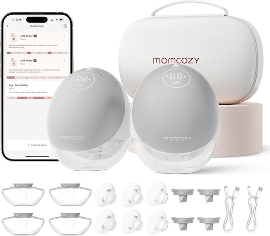 Momcozy Breast Pump Hands Free Upgraded Mobile Flow | M9, App Discreet Control with Personalized Multi-Modes & 15 Levels, Wearable Breast Pump 24mm, 2 Pack Gray