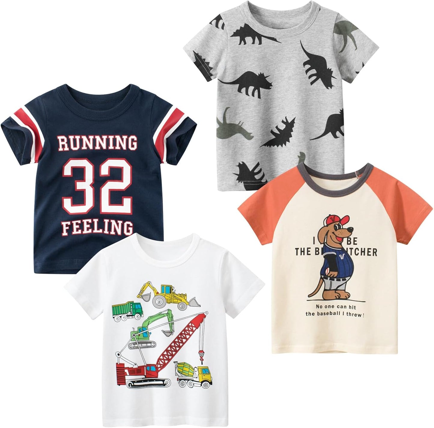 Boys' 4-Pack Excavator Short Sleeve Crewneck T-Shirts Top Tee Size 2-7 Years Toddler Boys' Value Pack Cotton T-Shirt