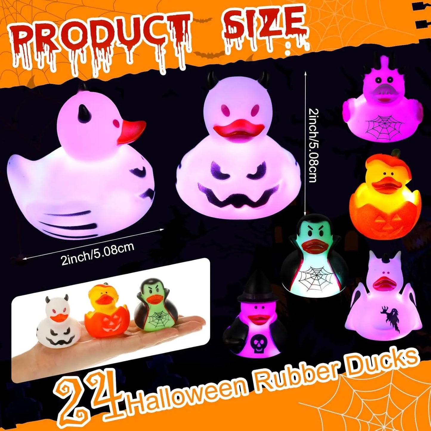 Halloween Rubber Duckies in Bulk Glow in The Dark Rubber Ducks Light up Halloween Mini Duckies Bath Toys for Halloween Party Favor Decor Pool Bathtub Baby Shower Toy Gifts for Kids (24)
