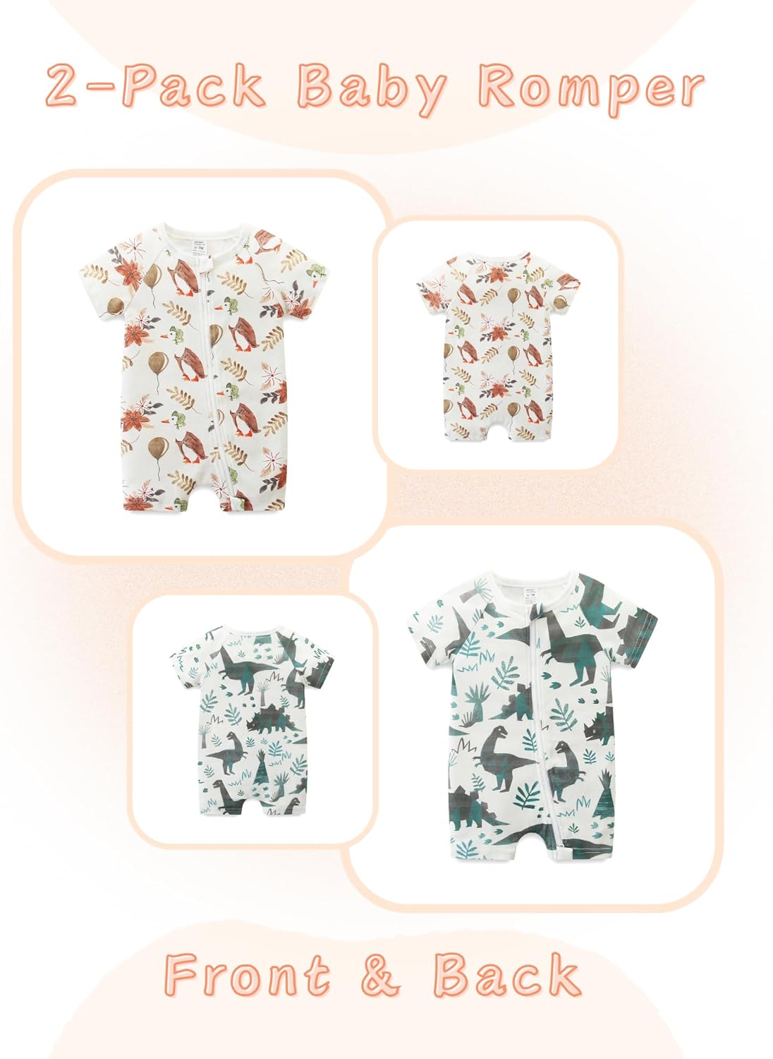 Unisex Summer Trendy 2-Pack Rompers Short Sleeve Zipped Bodysuit Infant Cotton Outfits
