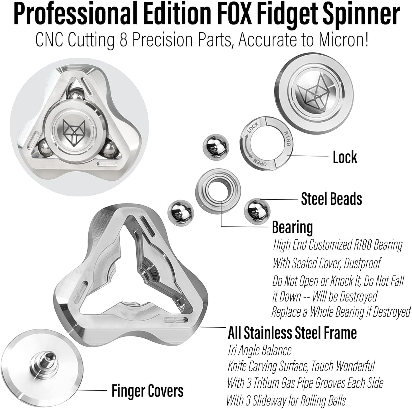 FREELOVE Upgraded Fox Metal Fidget Spinner for Adults, Steel/Glow Balls Clicking Noise, Mini Small Tiny Pocket Tri Finger Gyro, Long Spinning Premium Bearing Toy, Stainless Steel CNC, Silver