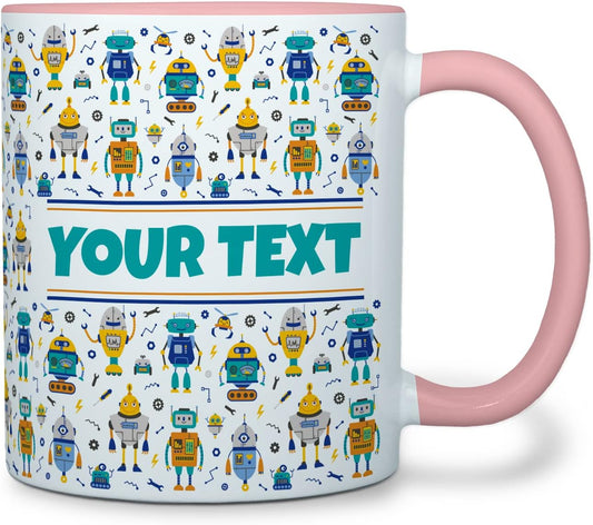 Personalized Mug for Kids - Robots - Custom Name/Text, Ceramic Hot Chocolate/Cocoa/Coffee Cup for Boys, Birthday/Christmas/Holiday Gift - 11 oz, Pink Handle
