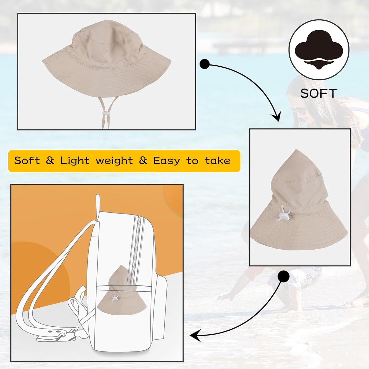 Peecabe Summer Baby Sun Hat for Boys Girls UPF 50+ Wide Brim Toddle Bucket Hat Adjustable Baby Beach Cap 0-8 Years