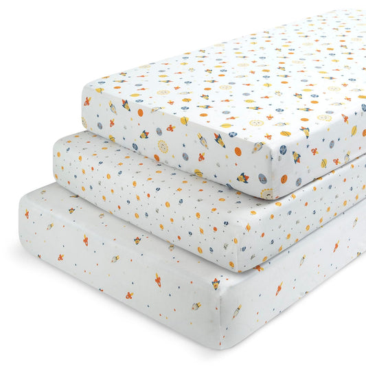 Delta Children Fitted Crib Sheets for Girls and Boys - Crib Sheet for Standard Crib and Toddler Mattresses - 28x52 Inch (Pack of 3), Space Exploration